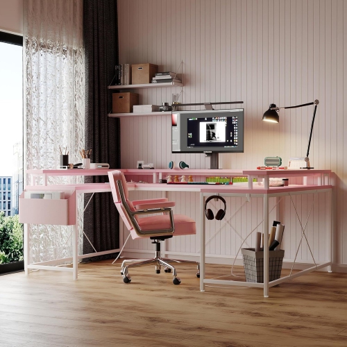 U Shaped Gaming Desk with Power Outlets, LED Lights, Monitor Stand & Storage Shelves, Pink