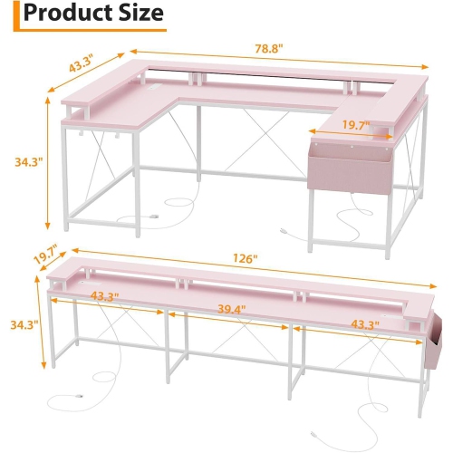 U Shaped Gaming Desk with Power Outlets, LED Lights, Monitor Stand & Storage Shelves, Pink