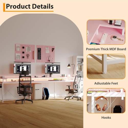 U Shaped Gaming Desk with Power Outlets, LED Lights, Monitor Stand & Storage Shelves, Pink