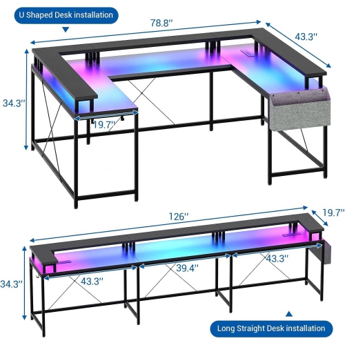 Bureau de jeu en U avec prises d'alimentation, lampes LED, support pour moniteur et tablettes de rangement, noir