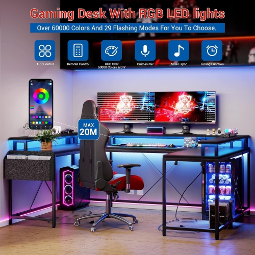 Bureau de jeu en U avec prises d'alimentation, lampes LED, support pour moniteur et tablettes de rangement, noir