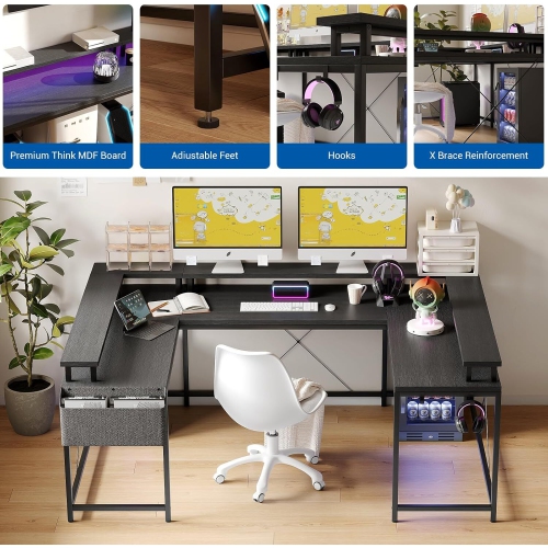 Bureau de jeu en U avec prises d'alimentation, lampes LED, support pour moniteur et tablettes de rangement, noir