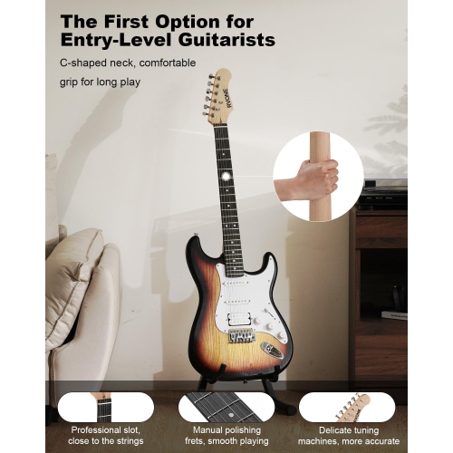 RVONE RST-150 39”Beginner Electric Guitar Kit with Amplifier, Classic HSS Pickup, Electric Guitar with Gig Bag, Capo, Strap, Extra Strings, Digital
