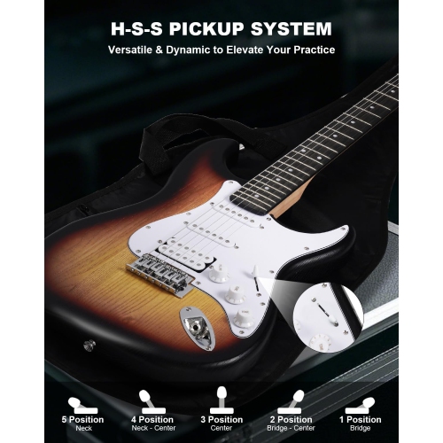 RVONE RST-150 39”Beginner Electric Guitar Kit with Amplifier, Classic HSS Pickup, Electric Guitar with Gig Bag, Capo, Strap, Extra Strings, Digital