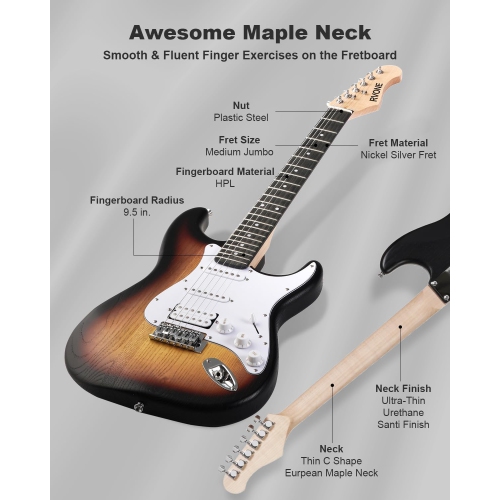 RVONE RST-150 39”Beginner Electric Guitar Kit with Amplifier, Classic HSS Pickup, Electric Guitar with Gig Bag, Capo, Strap, Extra Strings, Digital