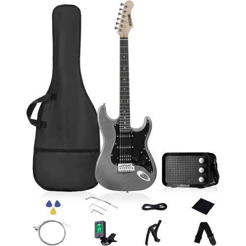 RVONE RST-150 39”Beginner Electric Guitar Kit with Amplifier, Classic HSS Pickup, Electric Guitar with Gig Bag, Capo, Strap, Extra Strings, Digital