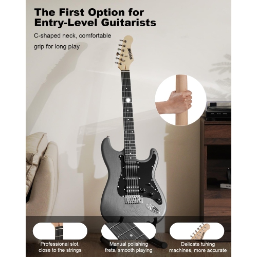 RVONE RST-150 39”Beginner Electric Guitar Kit with Amplifier, Classic HSS Pickup, Electric Guitar with Gig Bag, Capo, Strap, Extra Strings, Digital
