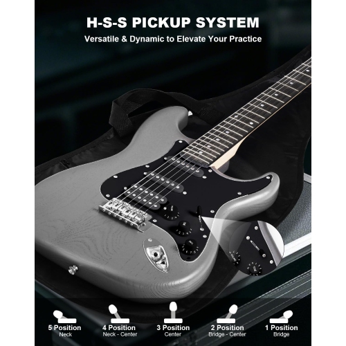 RVONE RST-150 39”Beginner Electric Guitar Kit with Amplifier, Classic HSS Pickup, Electric Guitar with Gig Bag, Capo, Strap, Extra Strings, Digital