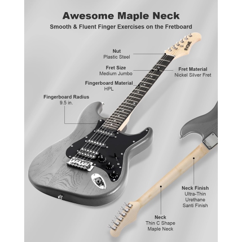 RVONE RST-150 39”Beginner Electric Guitar Kit with Amplifier, Classic HSS Pickup, Electric Guitar with Gig Bag, Capo, Strap, Extra Strings, Digital