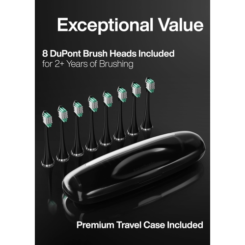 Aquasonic Black Series Ultra Whitening Toothbrush – ADA Accepted electric toothbrush- 8 Brush Heads & Travel Case – 40,000 VPM Electric Motor &
