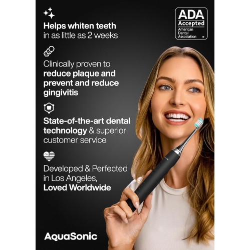 Aquasonic Black Series Ultra Whitening Toothbrush – ADA Accepted electric toothbrush- 8 Brush Heads & Travel Case – 40,000 VPM Electric Motor &