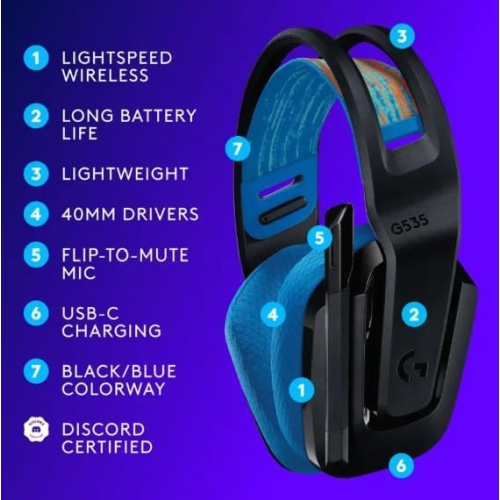 Refurbished - Logitech G G535 Lightspeed Wireless Gaming Headset - Lightweight Over-Ear Headphone, Silent Rotatable Microphone, PC, PS5, PS4, USB-C,