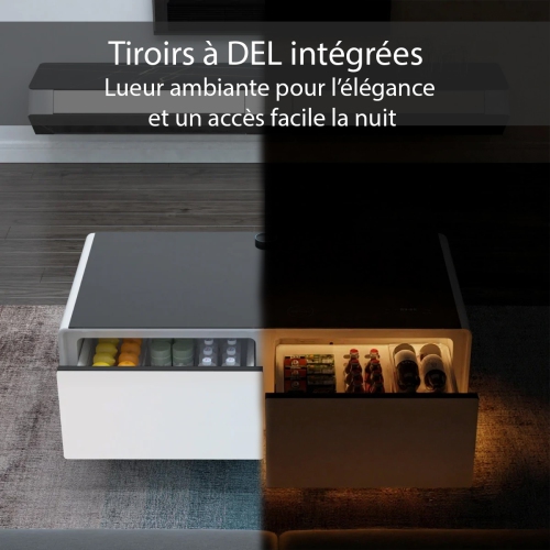 SERA BATHROOM Kendall Smart Coffee Table with Refrigerated Drawers, Bluetooth Speakers, Wireless Charging & LED Touch Control, Wood Color