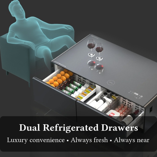 SERA BATHROOM Kendall Smart Coffee Table with Refrigerated Drawers, Bluetooth Speakers, Wireless Charging & LED Touch Control, Wood Color