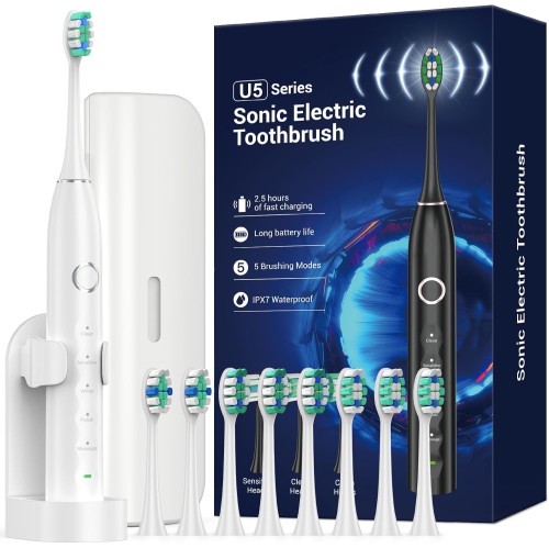 Ultrasonic Toothbrush for Adults - MISSCOZY Reachargeable Electric Toothbrush with 8 Brush Heads, Travling Case, 5 Modes & Smart Timer, Ultra Sonic