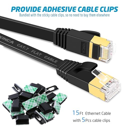 Cat 7 Flat Ethernet Cable 15ft Black,High Speed 10GB Shielded LAN Internet Network Cable-XINCA Ethernet Patch Computer Cable with Snagless Rj45