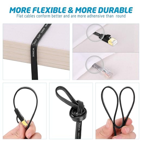 Cat 7 Flat Ethernet Cable 15ft Black,High Speed 10GB Shielded LAN Internet Network Cable-XINCA Ethernet Patch Computer Cable with Snagless Rj45