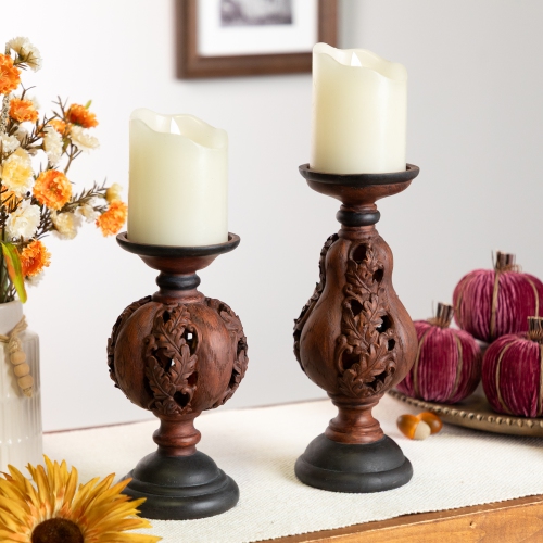 MELROSE  8.25" Chocolate Pumpkin Leaf Thanksgiving Candle Holder In Brown Great on a sofa table, fireplace mantel or  whatever corner of the room where they might fit