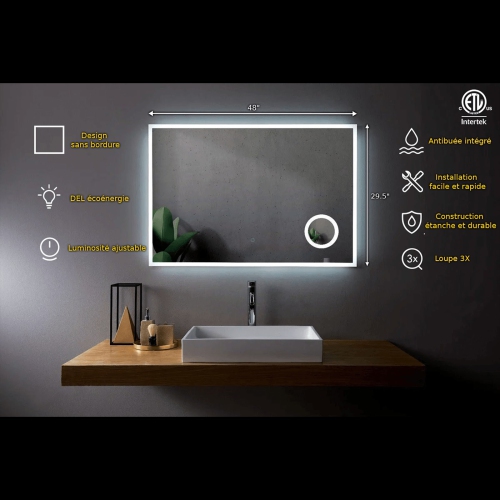 Miroir de SALLE DE BAIN DE 48&nbsp;po LED M-1039 avec loupe, fonction antibuée – givrée