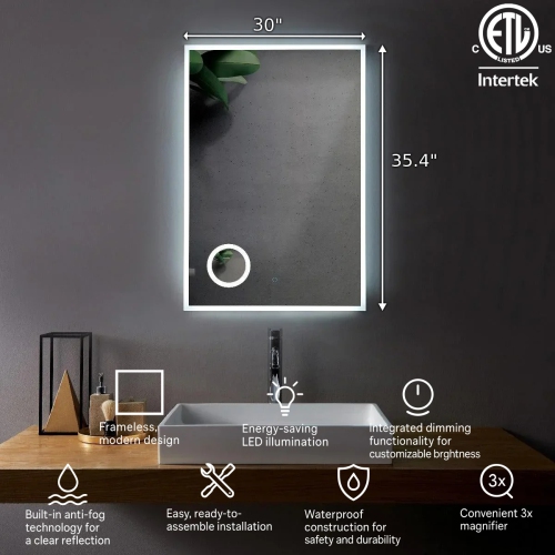 SERA BATHROOM Mirror 30" LED M-1039 with Magnifying Mirror, Anti-fog function - Frosted