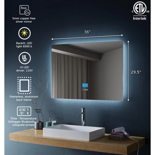 Miroir de SALLE DE BAIN DE 36 po LED rétroéclairé M-971 avec temps, température, désembueur, Bluetooth, haut-parleurs intégrés, Écran intégré -