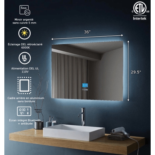 Miroir de SALLE DE BAIN DE 36 po LED rétroéclairé M-971 avec temps, température, désembueur, Bluetooth, haut-parleurs intégrés, Écran intégré -
