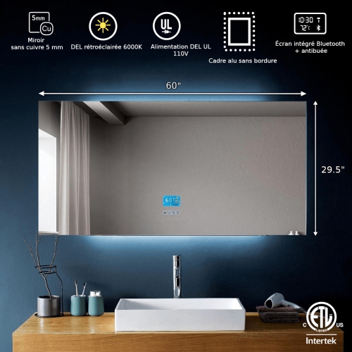 Miroir de SALLE DE BAIN DE 60 po LED rétroéclairé M-971 avec temps, température, désembueur, Bluetooth, haut-parleurs intégrés, Écran intégré -