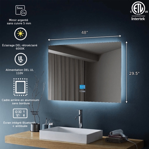 Miroir de SALLE DE BAIN DE 48 po LED rétroéclairé M-971 avec temps, température, désembueur, Bluetooth, haut-parleurs intégrés, Écran intégré -