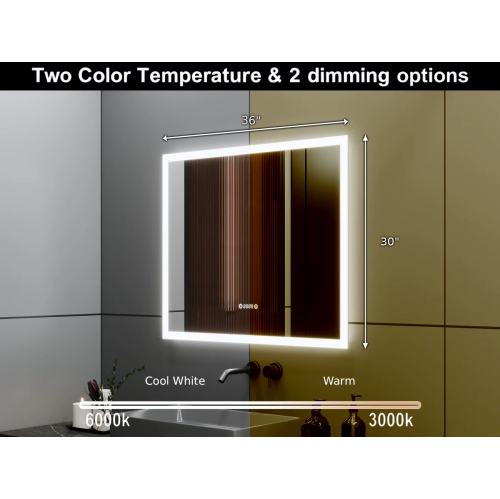 SERA BATHROOM Mirror 36" LED M-205 6000K Cool White, Time and Temperature with Anti fog - Frosted Edge