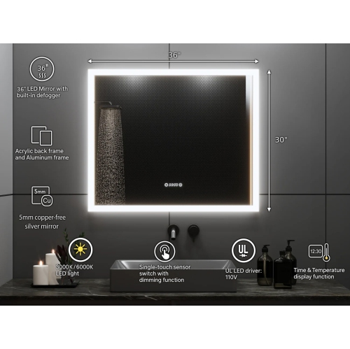 SERA BATHROOM Mirror 36" LED M-205 6000K Cool White, Time and Temperature with Anti fog - Frosted Edge