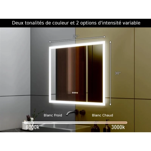 SERA BATHROOM Mirror 36" LED M-205 6000K Cool White, Time and Temperature with Anti fog - Frosted Edge