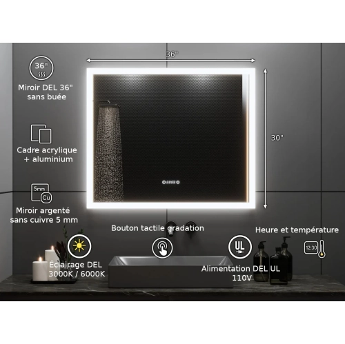 SERA BATHROOM Mirror 36" LED M-205 6000K Cool White, Time and Temperature with Anti fog - Frosted Edge