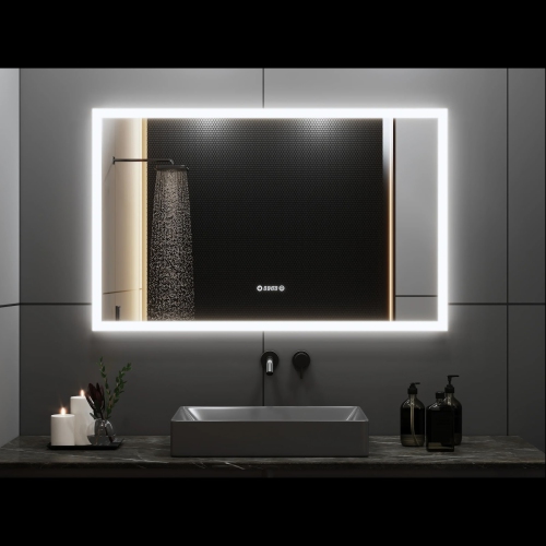 Miroir de SALLE DE BAIN DE 48&nbsp;po LED M-205 6000K blanc froid, temps et température avec antibuée, bord givré