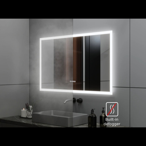 Miroir de SALLE DE BAIN DE 48&nbsp;po LED M-205 6000K blanc froid, temps et température avec antibuée, bord givré