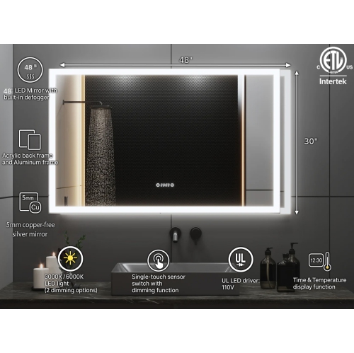 Miroir de SALLE DE BAIN DE 48&nbsp;po LED M-205 6000K blanc froid, temps et température avec antibuée, bord givré