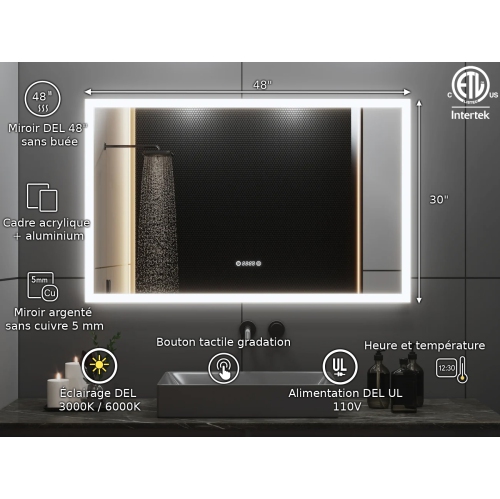 Miroir de SALLE DE BAIN DE 48&nbsp;po LED M-205 6000K blanc froid, temps et température avec antibuée, bord givré