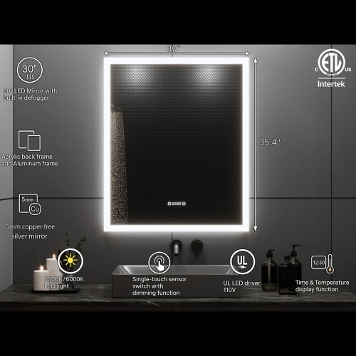 Miroir de SALLE DE BAIN DE 30&nbsp;po LED M-205 6000K blanc froid, temps et température avec antibuée, bord givré