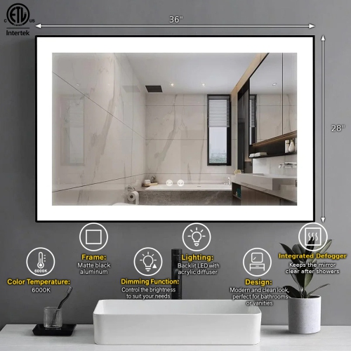 Miroir de SALLE DE BAIN DE 36&nbsp;po LED M-36 à bord givré – Cadre noir