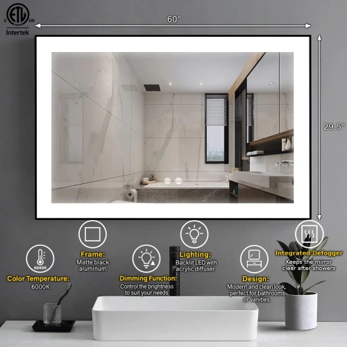 Miroir de SALLE DE BAIN DE 60&nbsp;po LED M-36 à bord givré – Cadre noir