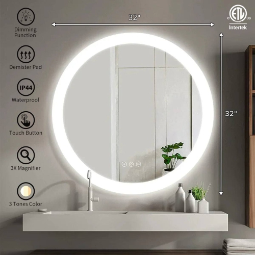 Miroir de SALLE DE BAIN DE 32&nbsp;po LED LUNE givrée FS-2015-3232 - Argenté