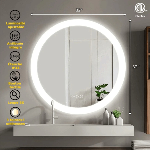 Miroir de SALLE DE BAIN DE 32 po LED LUNE givrée FS-2015-3232 - Argenté