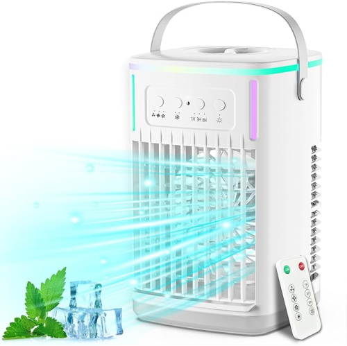 Portable Air Conditioners Fan with Remote, 1500ml Water Tank, 3 Wind Speeds, 4-in-1 Portable AC with 6H Timer, 2 Cool Mist, 7 Lights, Personal Mini