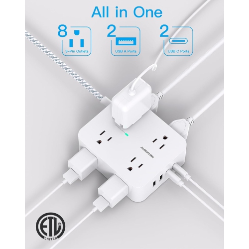 Surge Protector Power Bar - 8 Outlets 4 USB Charging Ports(2 USB C), Power Strip with 5Ft Braided Extension Cord, Flat Plug, Wall Mount Desk USB C