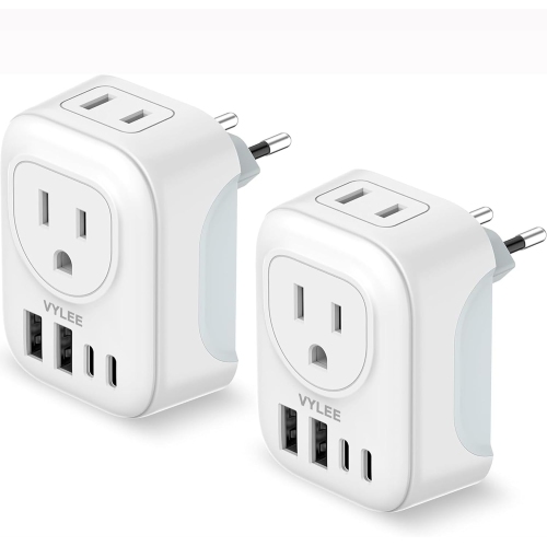 2 Pack European Travel Plug Adapter, VYLEE International Travel Adapter \w 2 Outlets 4 USB Ports(2 USB C), 6 in 1 Type C Travel Essentials Charger for US to Most of Europe EU Ita