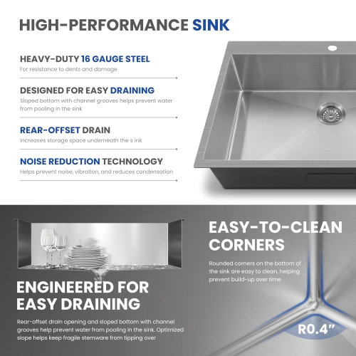 Évier de cuisine encastrable de 22 x 22 po à monture supérieure, bol simple en acier inoxydable 304 brossé, trousse de drainage et panier à
