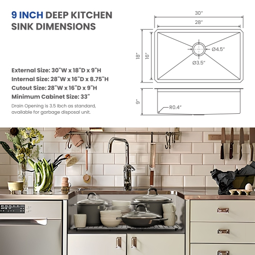 Évier de cuisine à un bol de 30 x 18 po en acier inoxydable brossé, 3,0 mm épais avec coins R10, drain et panier à grille inclus