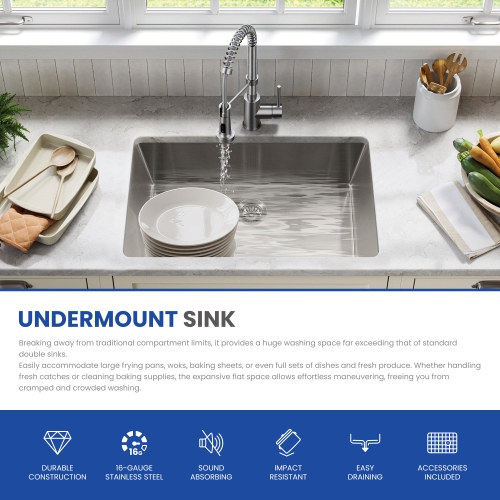 Évier de cuisine à un bol de 30 x 18 po en acier inoxydable brossé, 3,0 mm épais avec coins R10, drain et panier à grille inclus