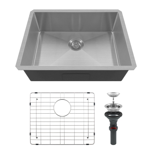 Évier de cuisine simple sous comptoir de 23 x 18&nbsp;po en acier inoxydable brossé, 3,0&nbsp;mm épais avec coins R10, drain et panier à grille inclus