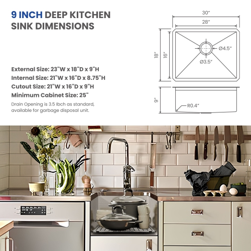 Évier de cuisine simple sous comptoir de 23 x 18&nbsp;po en acier inoxydable brossé, 3,0&nbsp;mm épais avec coins R10, drain et panier à grille inclus