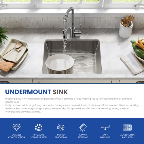 Évier de cuisine simple sous comptoir de 23 x 18&nbsp;po en acier inoxydable brossé, 3,0&nbsp;mm épais avec coins R10, drain et panier à grille inclus